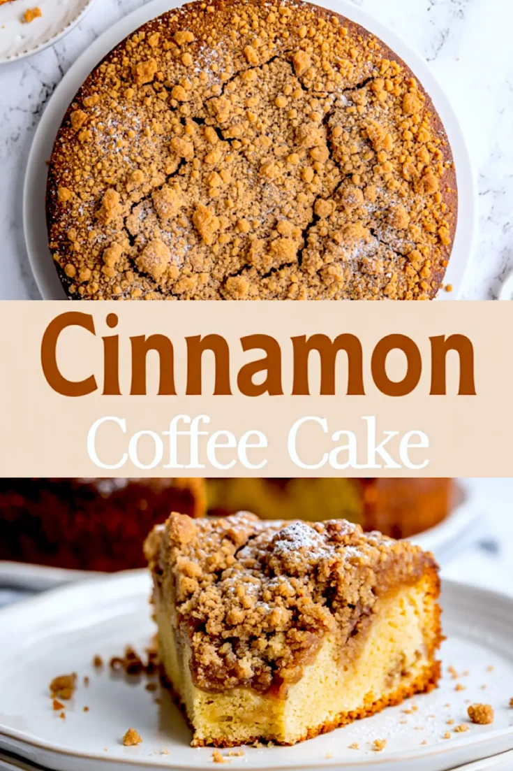 Single slice of cinnamon coffee cake on a white plate, showing a fluffy yellow crumb, cinnamon ribbon, and a crispy brown sugar crumble topping.