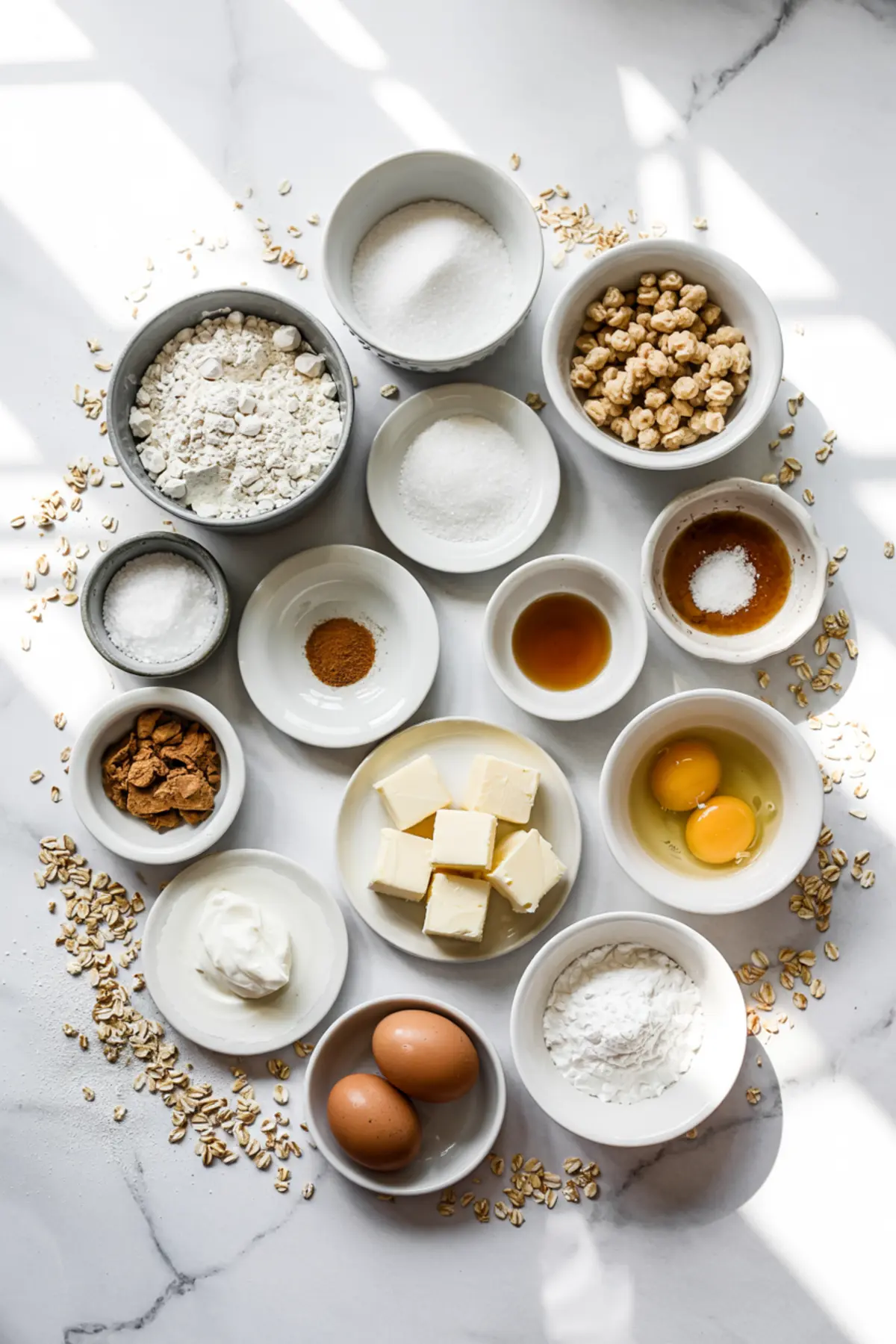 Flat lay of baking ingredients in ceramic bowls arranged on a white marble surface, featuring flour, sugar, butter, eggs, cinnamon, vanilla, baking powder, yogurt, and cereal pieces for cinnamon coffee cake.