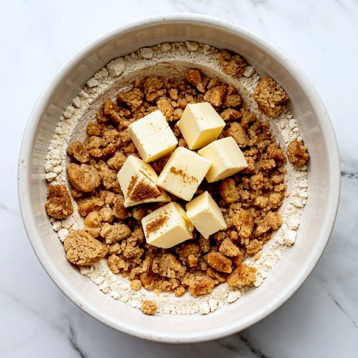 Overhead view of a mixing bowl with cubed butter, crushed cereal, and flour ready to be combined for a cinnamon coffee cake crumb topping.