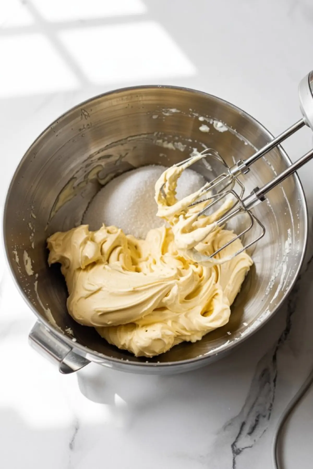 Creamed butter and sugar mixture in a stainless steel bowl with electric mixer beaters, forming the base of cinnamon coffee cake batter.