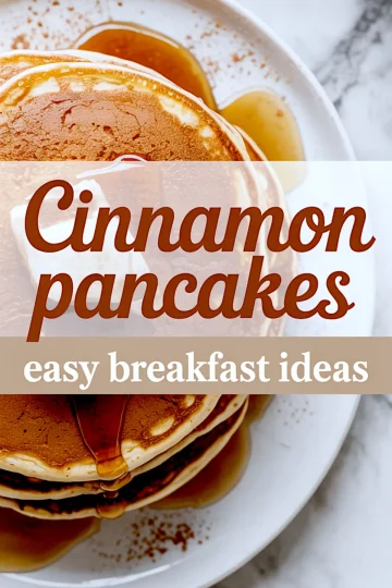 Top view of a plate stacked with cinnamon pancakes, melted butter on top, and maple syrup pooling around the edges, overlaid with text that reads “Cinnamon Pancakes Easy Breakfast Ideas.”
