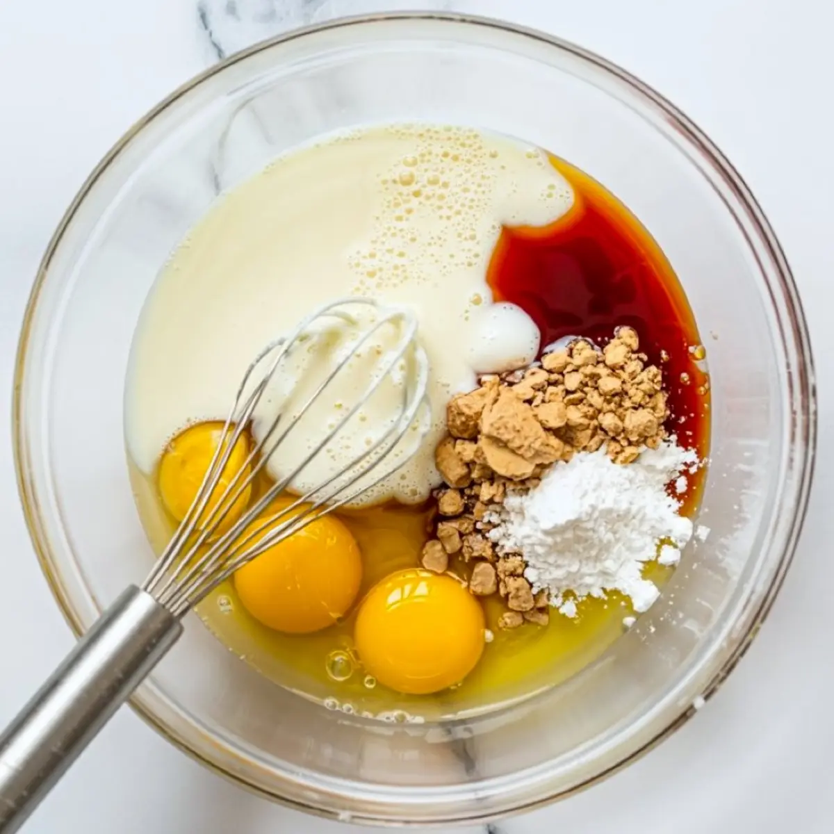 Clear glass mixing bowl filled with pancake ingredients including eggs, milk, vanilla extract, ground cinnamon, baking powder, and a metal whisk on a white marble surface.