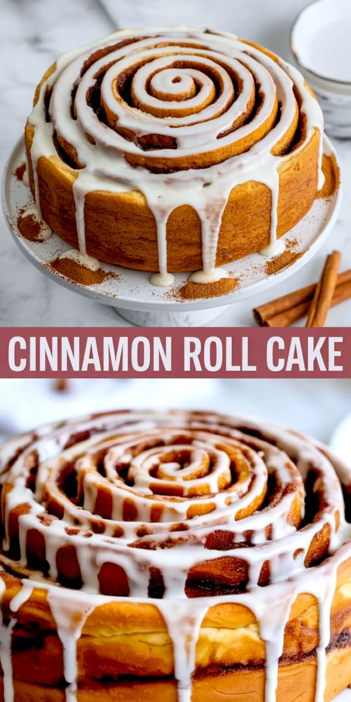 Collage image showing a giant cinnamon roll cake topped with white icing, featuring a top view of the spiraled glaze and a close-up side view highlighting the golden-brown layers and gooey cinnamon filling.