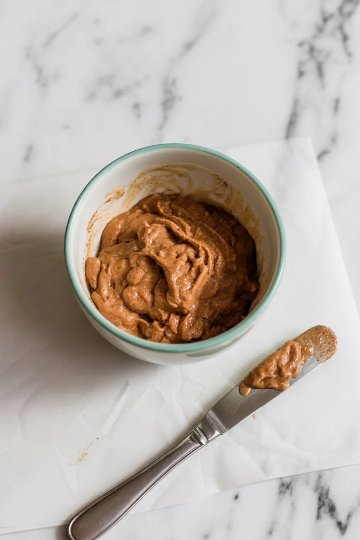 Small bowl filled with cinnamon sugar butter mixture for cinnamon rolls, with a butter knife resting on parchment paper nearby.