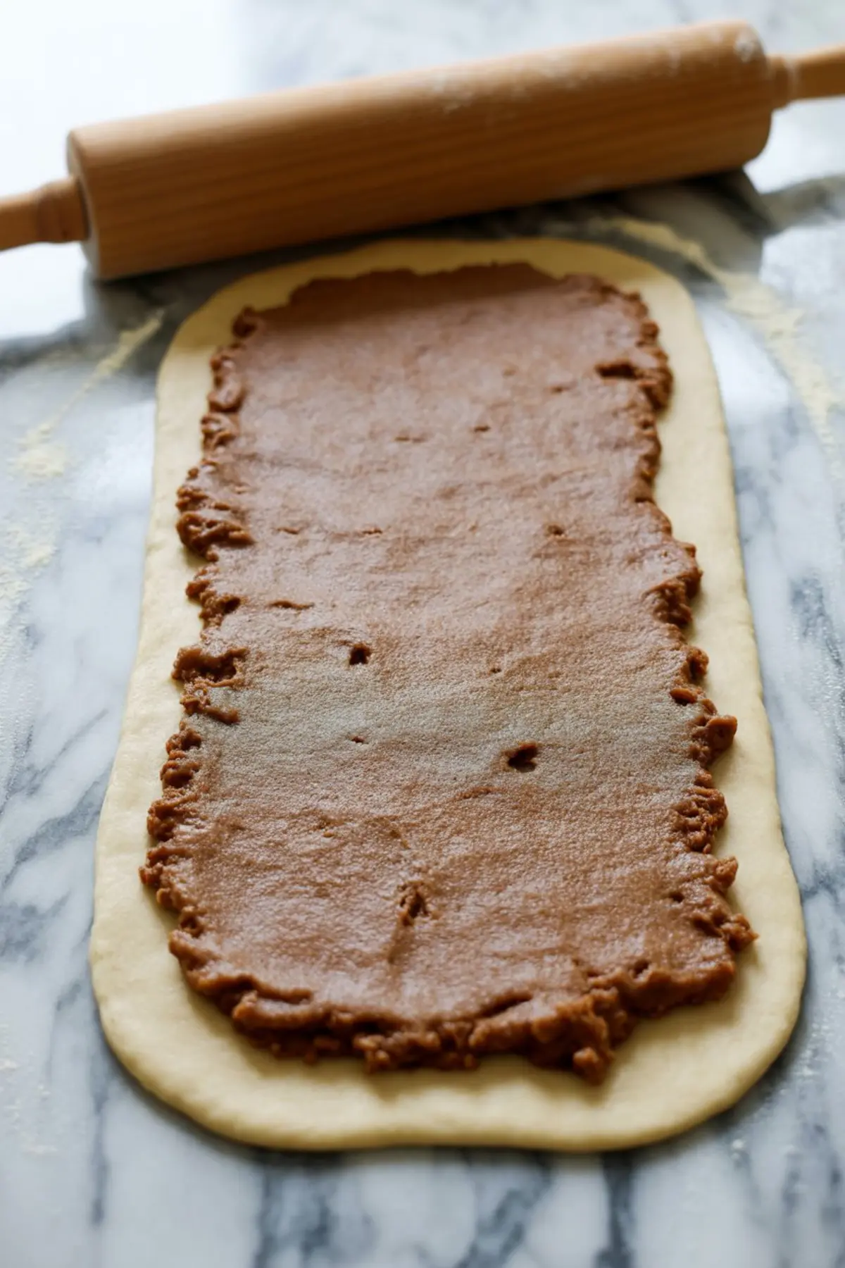 Rolled-out cinnamon roll dough topped with a smooth layer of cinnamon sugar filling, prepared on a floured marble surface with a wooden rolling pin in the background.