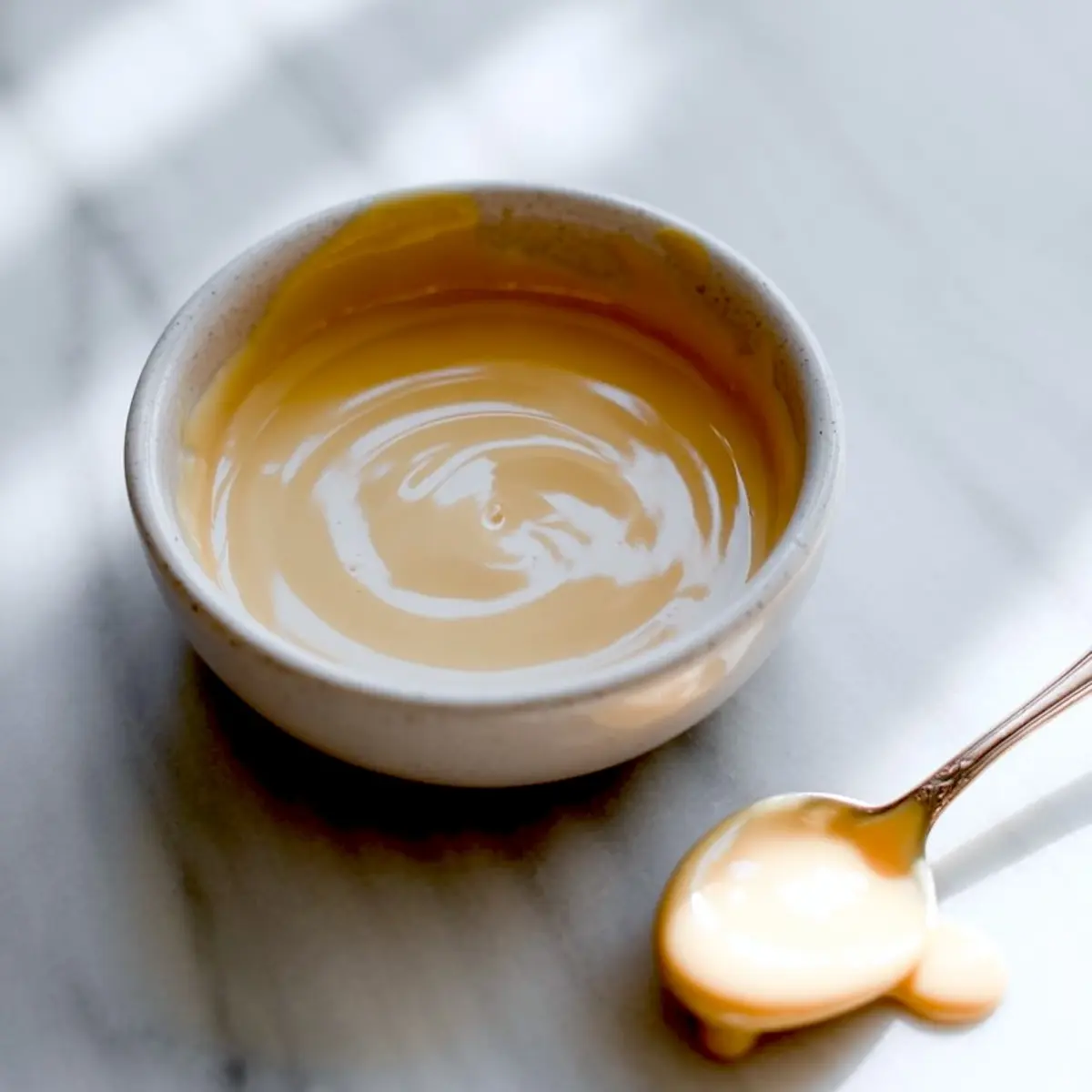 White ceramic bowl filled with creamy vanilla icing, next to a spoon with a small drizzle on a marble surface in soft natural light.