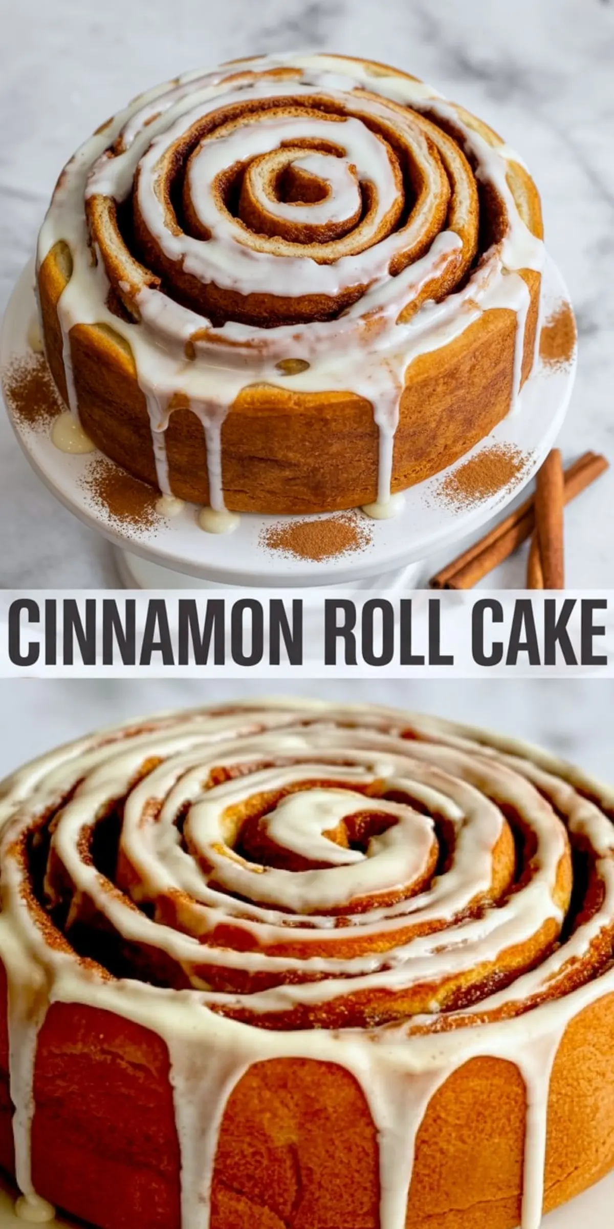 Collage image of a cinnamon roll cake with rich swirls of cinnamon filling and a generous vanilla glaze, featuring both a top-down view and a close-up of the spiral design and thick icing.