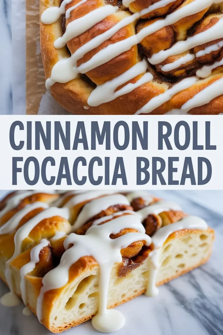 Cinnamon roll focaccia bread collage showing a baked golden crust swirled with cinnamon and topped with vanilla glaze, paired with a side slice revealing soft, open-crumb focaccia filled with cinnamon spirals.