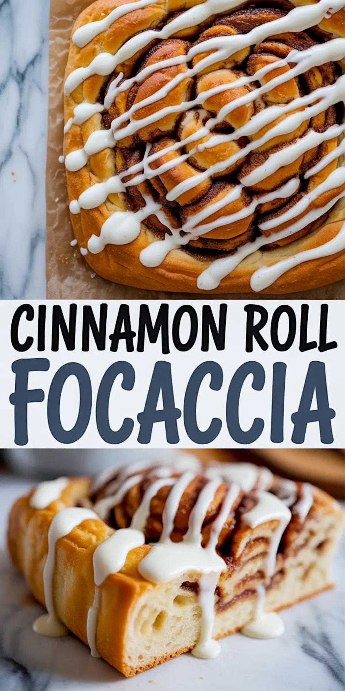 Cinnamon roll focaccia bread in a collage, showcasing a spiral cinnamon swirl pattern with a drizzle of vanilla icing and a side slice highlighting the soft, airy focaccia texture combined with gooey cinnamon filling.
