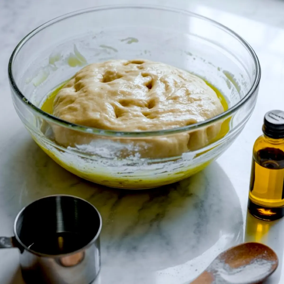 Risen cinnamon roll focaccia dough in a glass bowl coated with olive oil, placed on a marble countertop next to a metal measuring cup, wooden spoon, and a bottle of vanilla extract.
