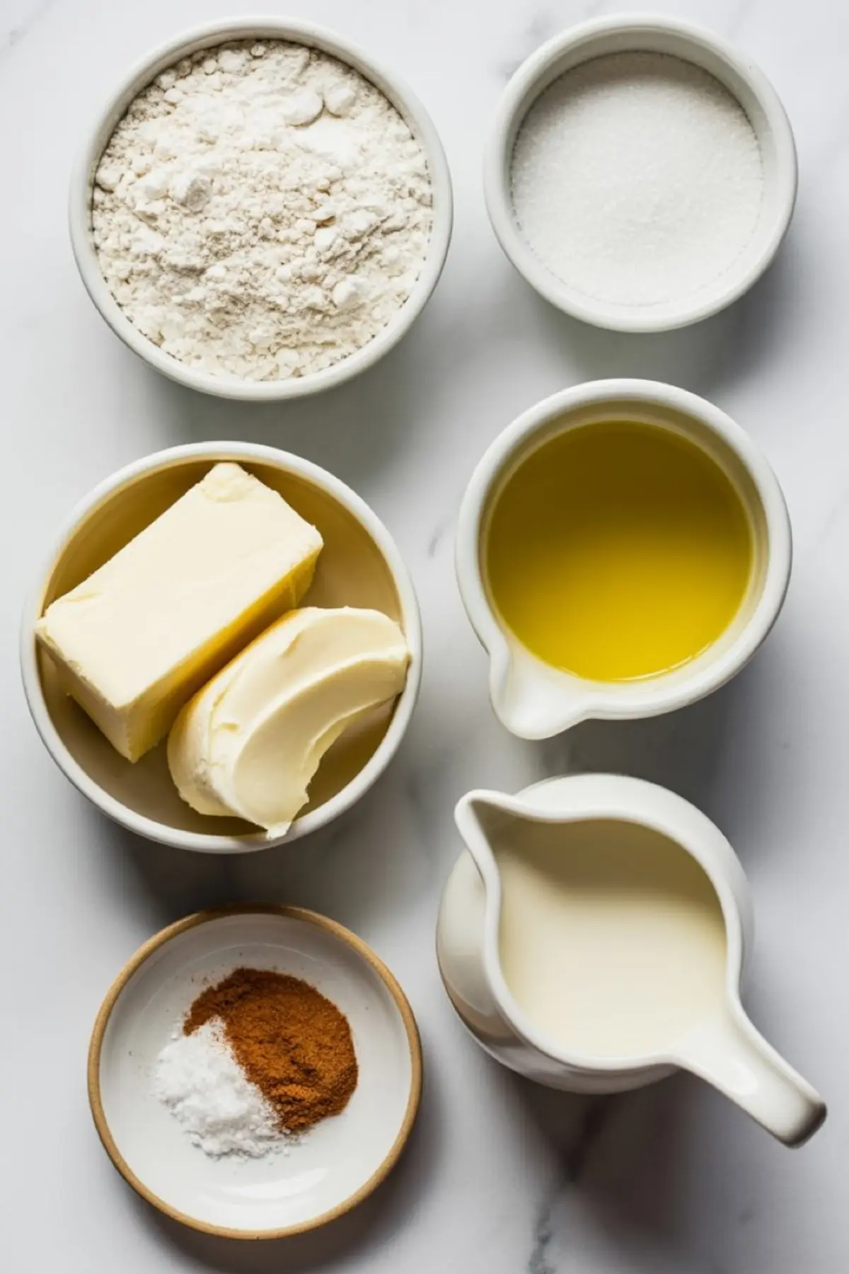 Flat lay of baking ingredients in small bowls, including flour, sugar, butter, olive oil, cream, and a blend of cinnamon and salt, arranged on a white marble surface.
