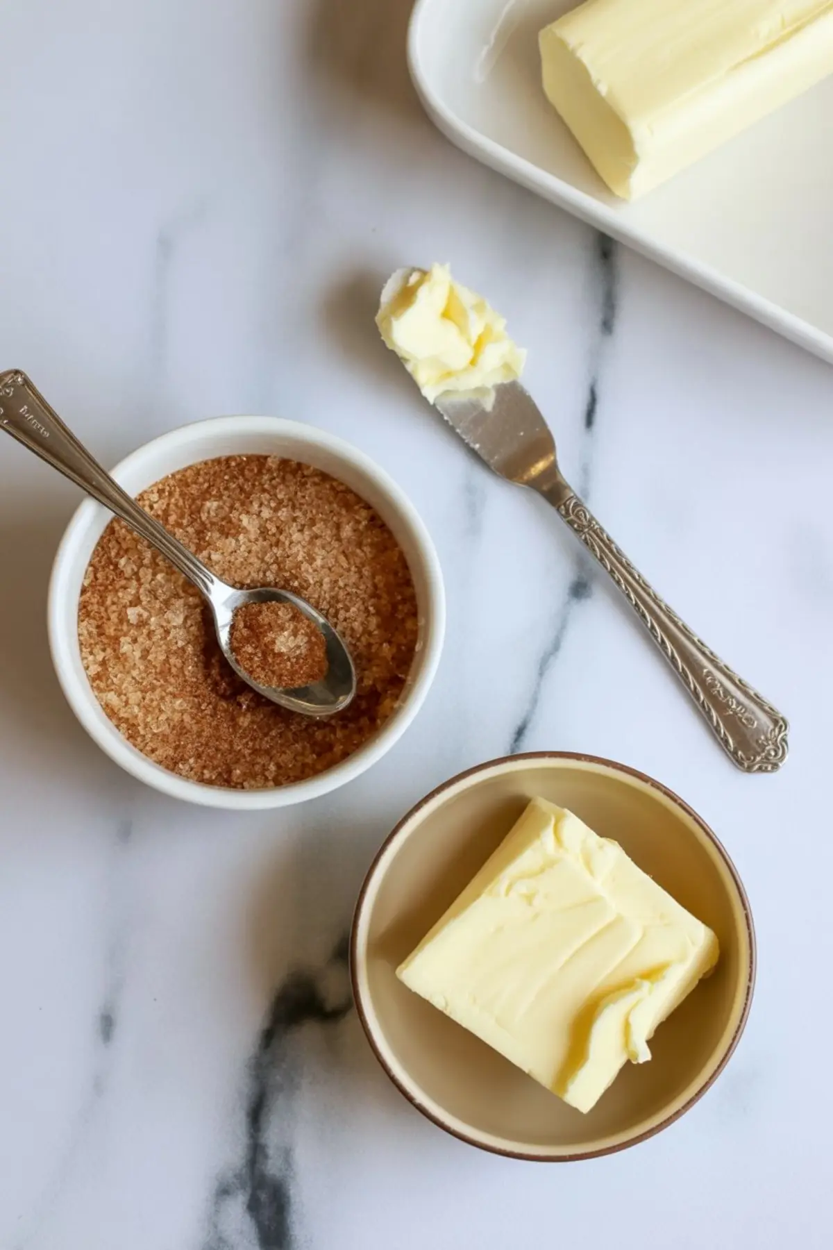 Cinnamon sugar mixture and softened butter prepared for filling, with a knife used to scoop butter and a spoon resting in the sugar bowl, all set on a marble surface.
