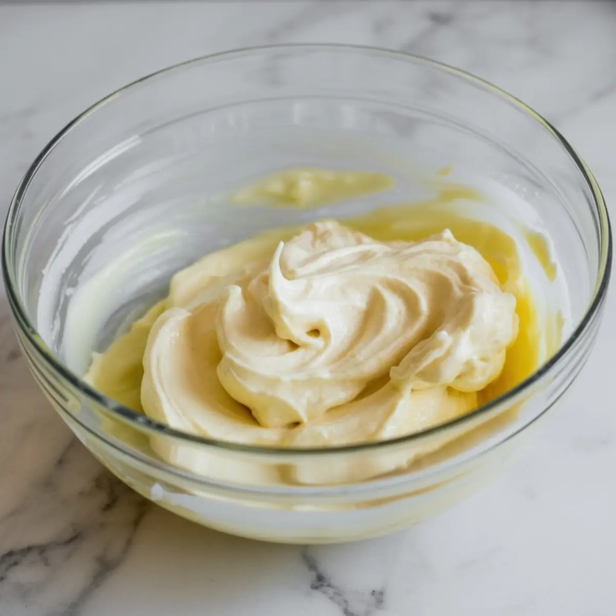 Glass bowl filled with thick, creamy cinnamon roll frosting swirled smoothly on a marble countertop.