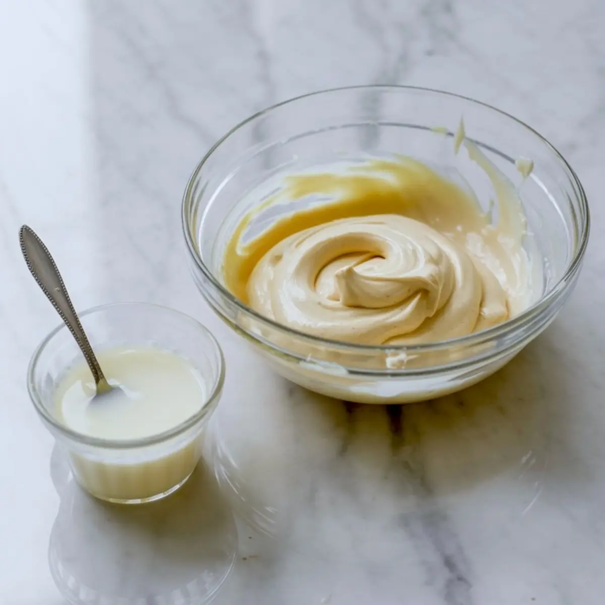 Two glass bowls on a marble surface, one with whipped cinnamon roll frosting and the other with a spoon in a cup of sweetened condensed milk.