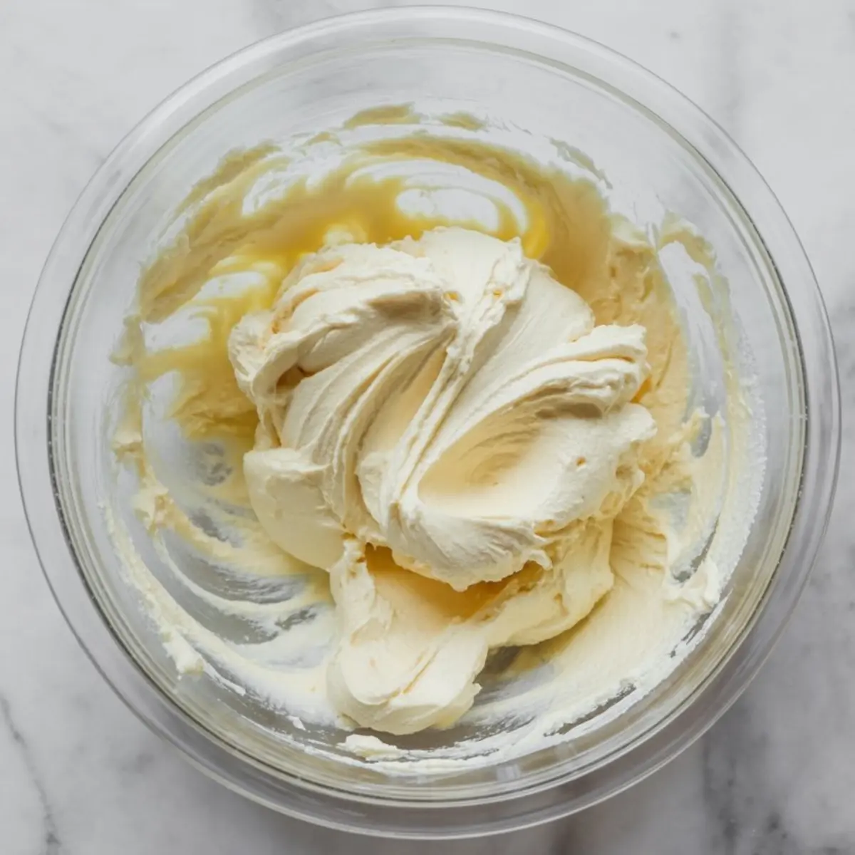 Overhead view of a glass bowl with fluffy, smooth frosting for cinnamon rolls, showing a rich and airy texture.