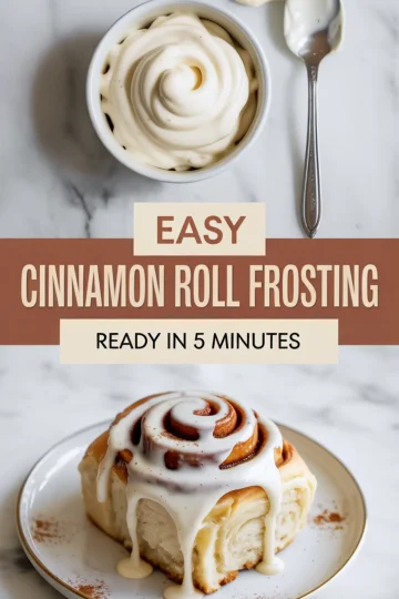 Vertical Pinterest graphic showing a swirl of cinnamon roll frosting in a white ramekin above a frosted cinnamon roll on a plate, with text overlay “Easy Cinnamon Roll Frosting – Ready in 5 Minutes.”