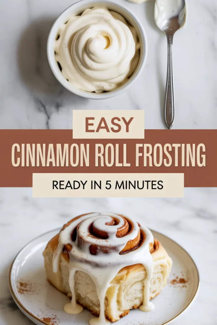 Vertical Pinterest graphic showing a swirl of cinnamon roll frosting in a white ramekin above a frosted cinnamon roll on a plate, with text overlay “Easy Cinnamon Roll Frosting – Ready in 5 Minutes.”