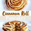 Collage showing cinnamon roll pancakes topped with white icing swirl and dusted with cinnamon; top image features overhead stack view, bottom image shows a sliced stack revealing cinnamon swirls inside fluffy pancake layers.