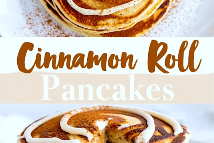 Collage showing cinnamon roll pancakes topped with white icing swirl and dusted with cinnamon; top image features overhead stack view, bottom image shows a sliced stack revealing cinnamon swirls inside fluffy pancake layers.