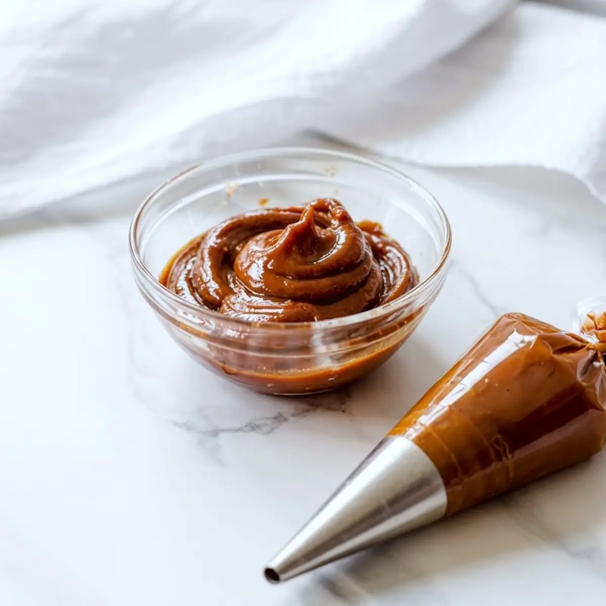 Small glass bowl filled with cinnamon sugar swirl mixture next to a piping bag filled with the same thick, dark brown filling on a marble counter.