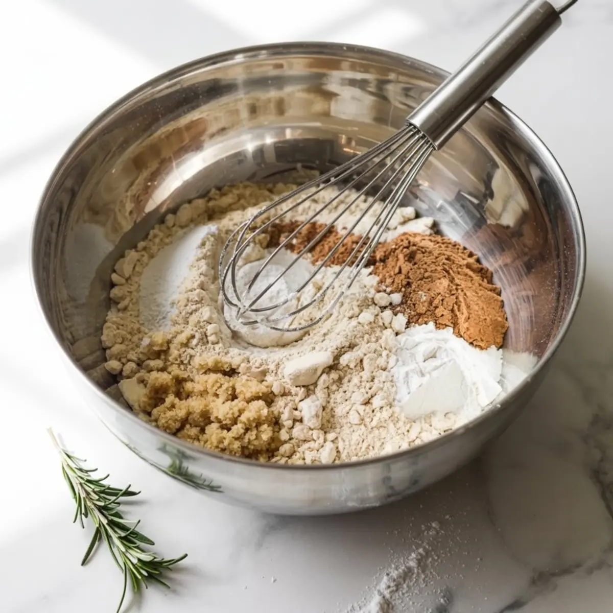 Metal mixing bowl with dry ingredients including flour, brown sugar, cinnamon, baking powder, and baking soda, with a metal whisk on a white marble surface and a rosemary sprig beside it.