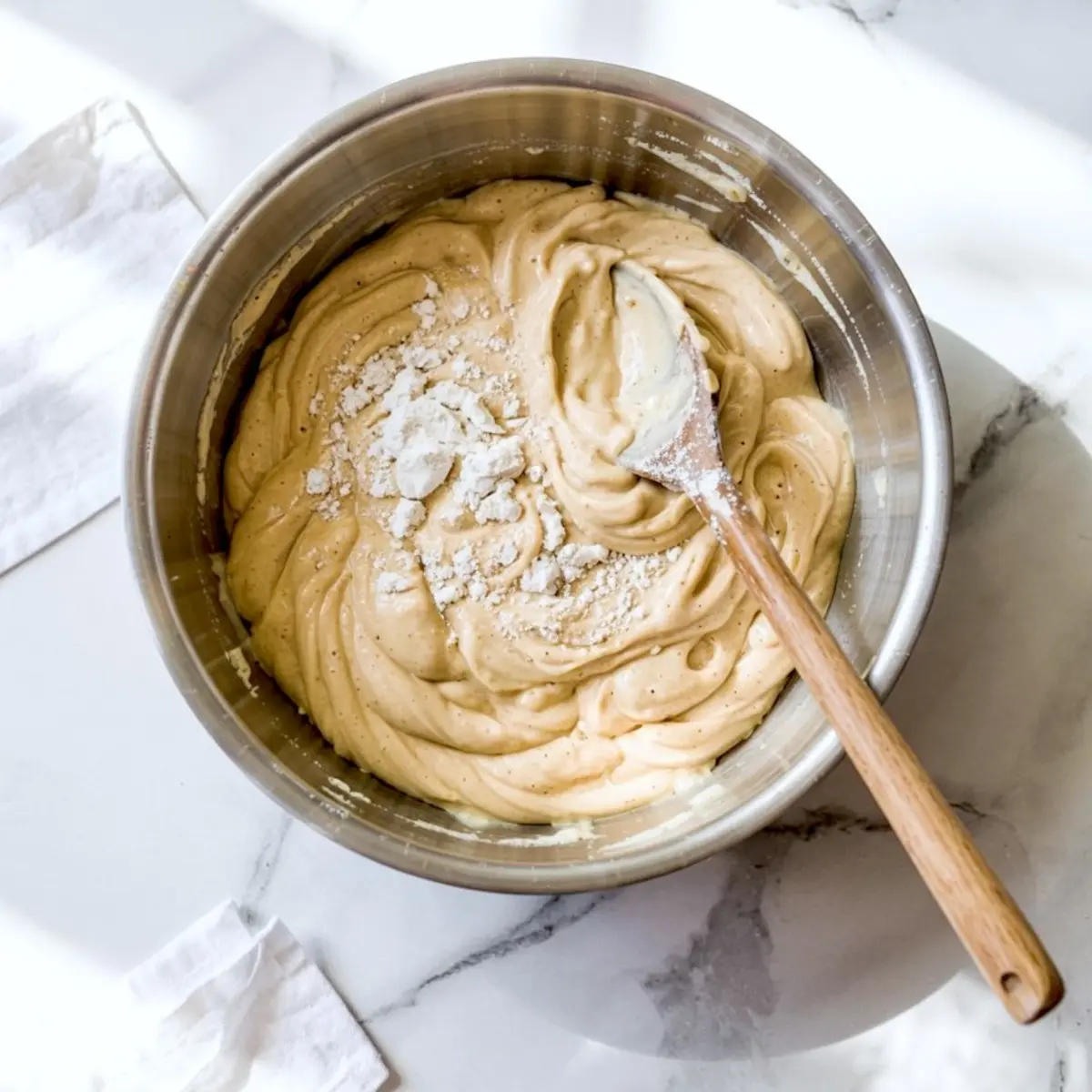 Batter mixture in a stainless steel mixing bowl being stirred with a wooden spatula, lightly dusted with flour, on a white marble countertop with soft natural lighting.