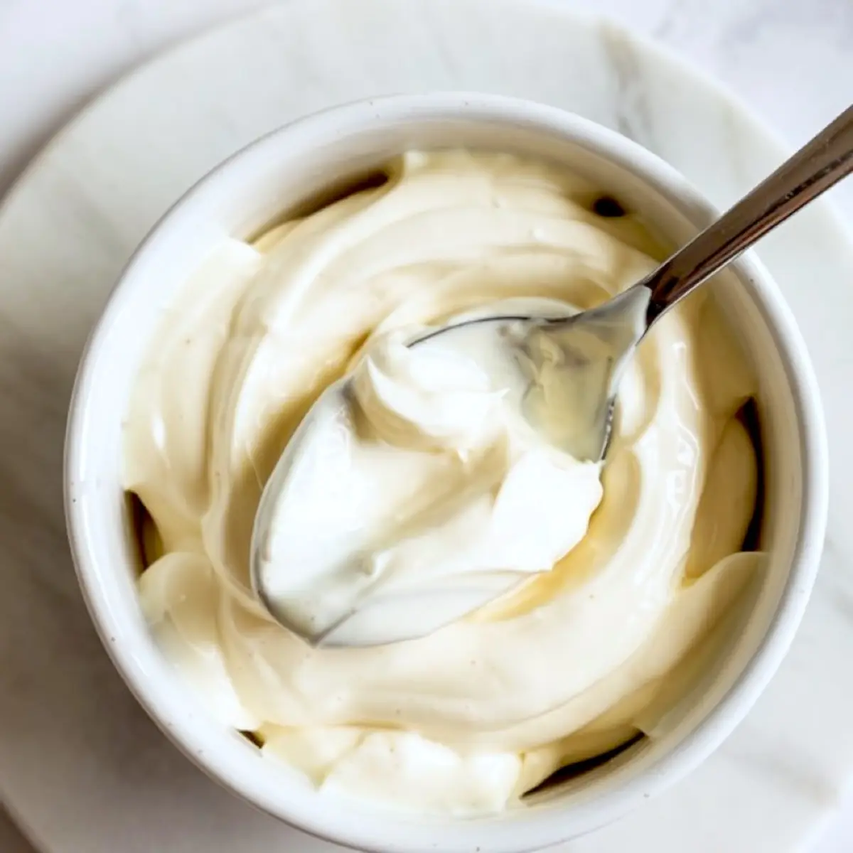 Close-up of creamy white frosting in a small white bowl with a spoon, featuring a smooth swirl texture on a marble plate background.