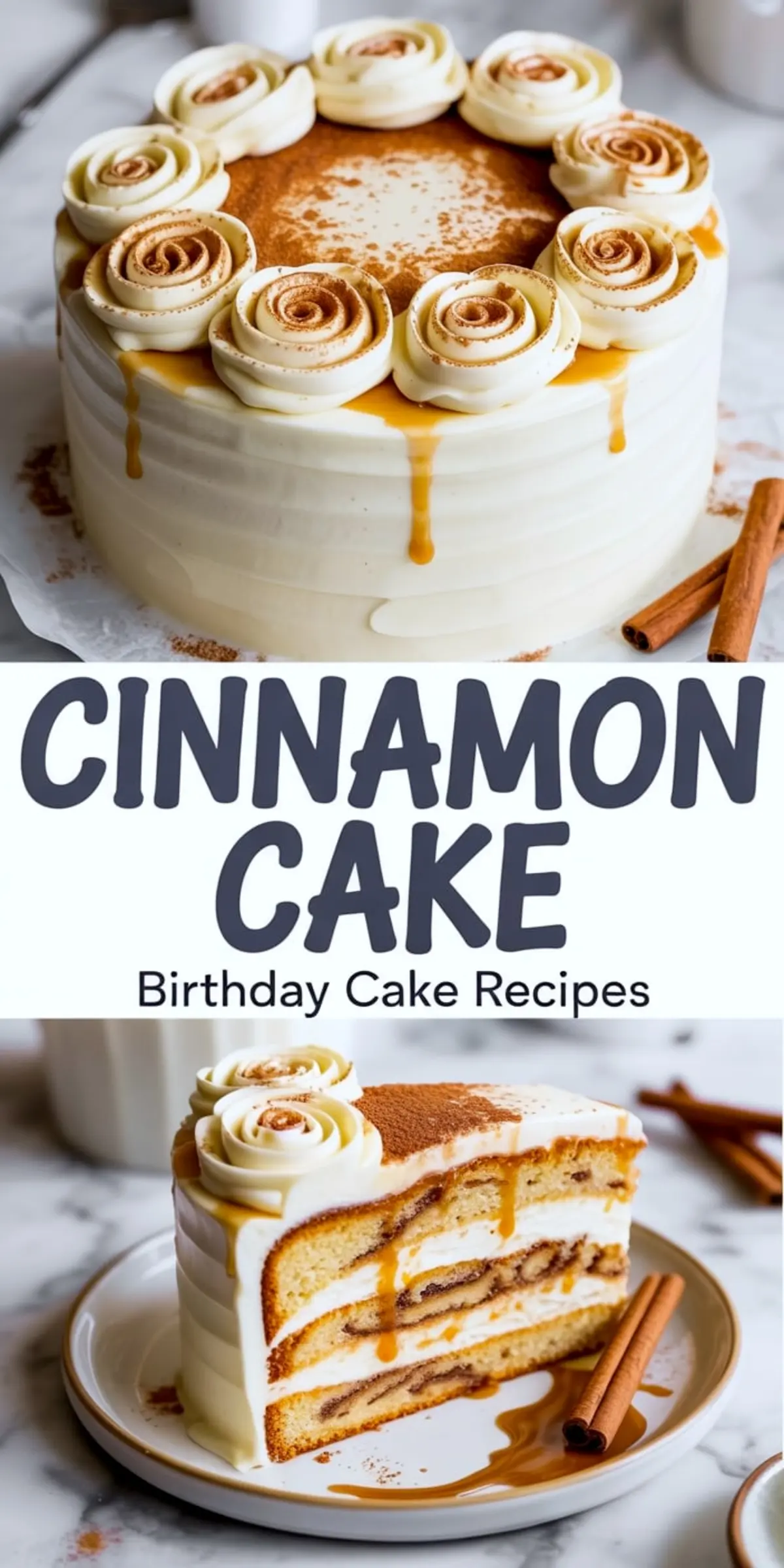 Decorative cinnamon swirl layer cake topped with caramel sauce and white chocolate roses, sliced to show layers of cinnamon and vanilla cake with creamy frosting and cinnamon dust.