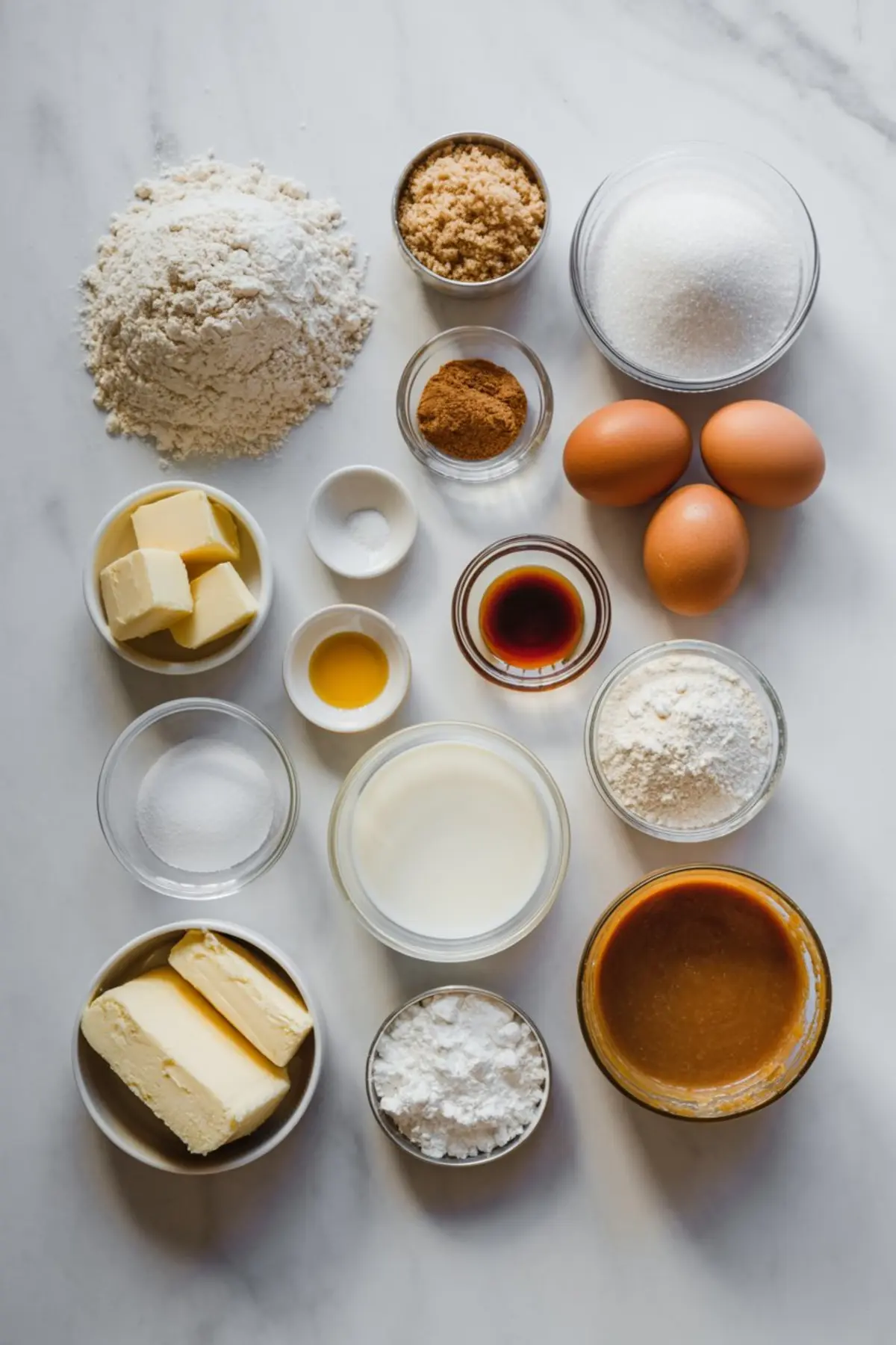 Flat lay of cinnamon cake ingredients including flour, brown sugar, granulated sugar, eggs, butter, milk, vanilla extract, cinnamon, baking powder, and caramel sauce, arranged on a white marble surface.