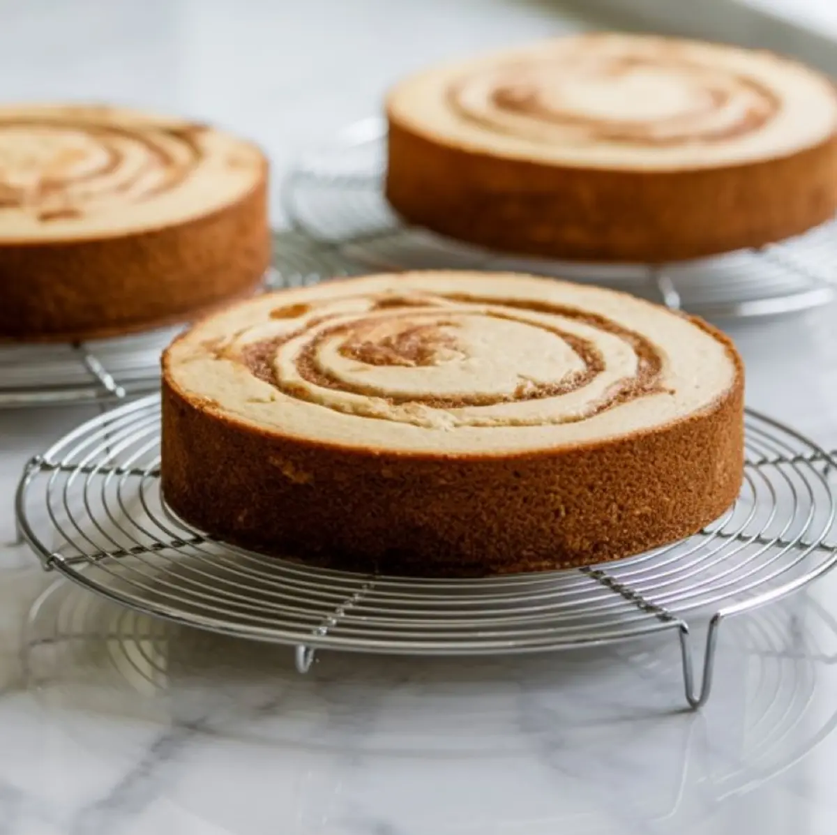 Three baked cinnamon swirl cake layers cooling on wire racks, showcasing golden brown edges and spiral cinnamon patterns on top.