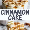 Cinnamon swirl celebration cake with white frosting, caramel drizzle, and white chocolate roses on top, sliced to reveal cinnamon-layered vanilla sponge cake with creamy filling and cinnamon dust.