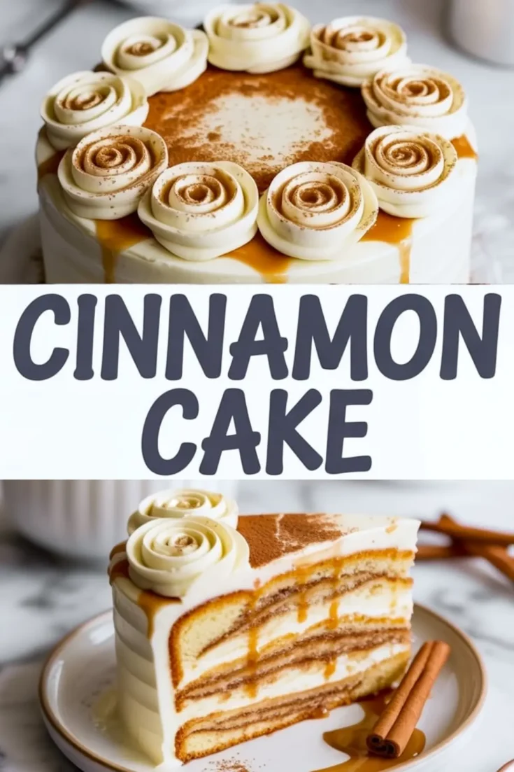 Cinnamon swirl celebration cake with white frosting, caramel drizzle, and white chocolate roses on top, sliced to reveal cinnamon-layered vanilla sponge cake with creamy filling and cinnamon dust.