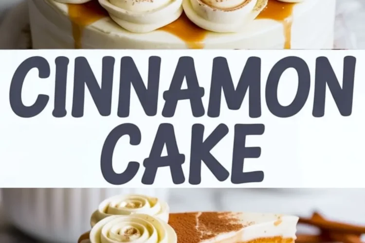 Cinnamon swirl celebration cake with white frosting, caramel drizzle, and white chocolate roses on top, sliced to reveal cinnamon-layered vanilla sponge cake with creamy filling and cinnamon dust.