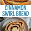 Close-up of golden-brown cinnamon swirl bread loaf with thick layers of cinnamon filling, paired with a plated slice showing soft, fluffy interior and spiral cinnamon pattern, with bold text reading “Cinnamon Swirl Bread.”