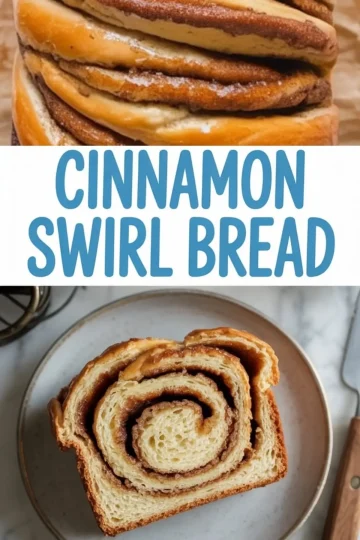 Close-up of golden-brown cinnamon swirl bread loaf with thick layers of cinnamon filling, paired with a plated slice showing soft, fluffy interior and spiral cinnamon pattern, with bold text reading “Cinnamon Swirl Bread.”