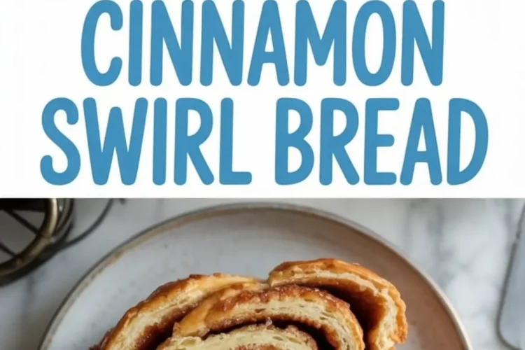 Close-up of golden-brown cinnamon swirl bread loaf with thick layers of cinnamon filling, paired with a plated slice showing soft, fluffy interior and spiral cinnamon pattern, with bold text reading “Cinnamon Swirl Bread.”