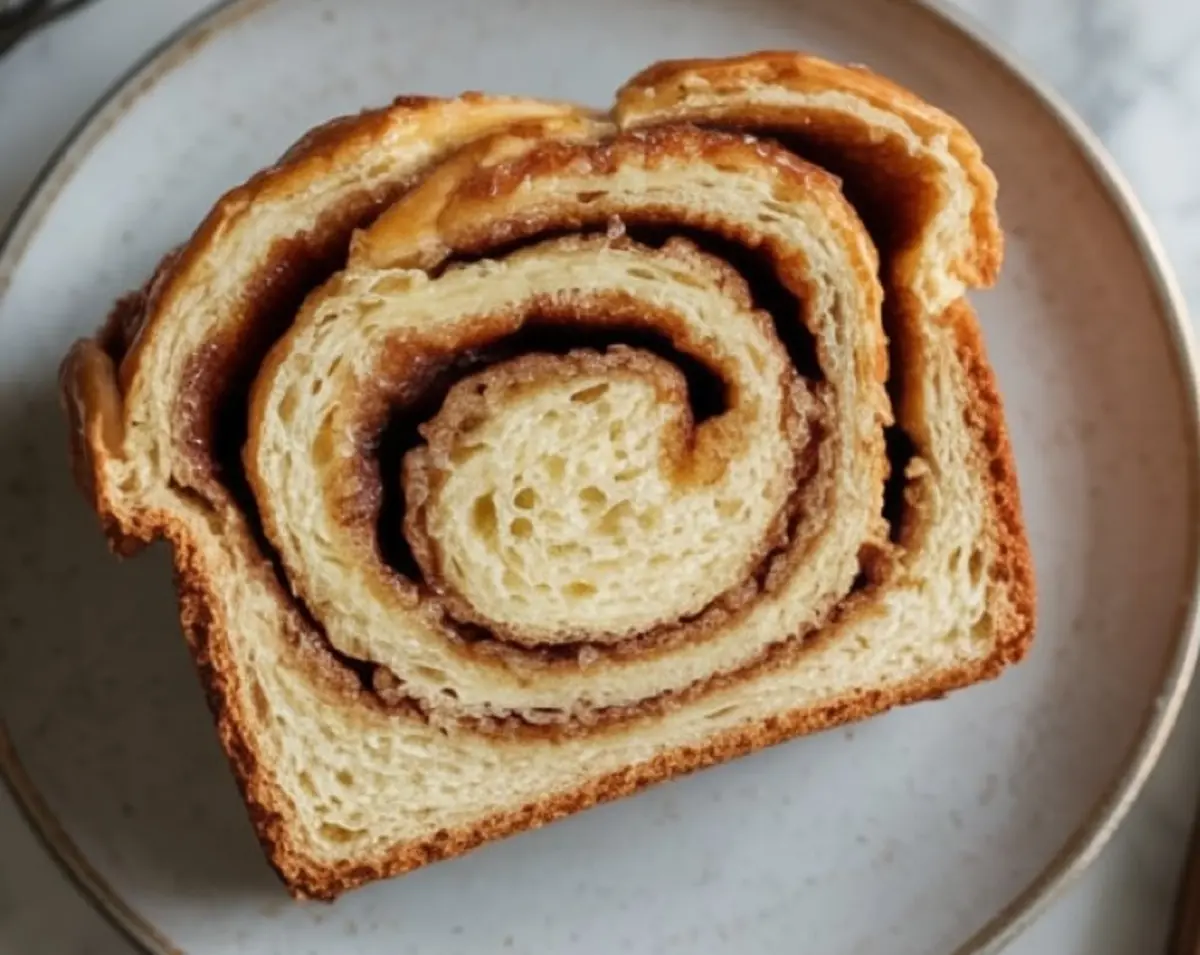 Close-up of a single cinnamon swirl bread slice on a ceramic plate, showing tender interior with tight cinnamon spirals and golden crust.