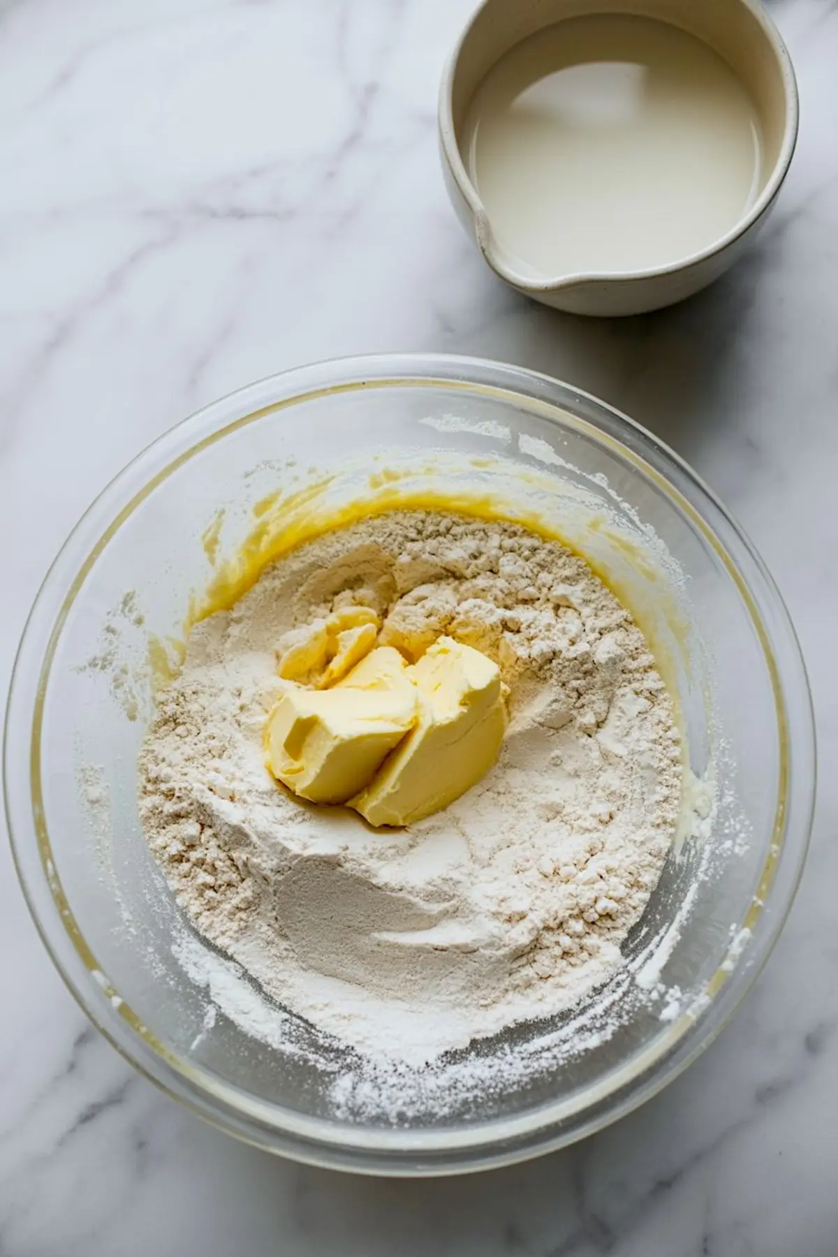 Glass mixing bowl filled with flour, egg, and butter on a marble surface, alongside a ceramic cup of milk, showcasing cinnamon bread dough preparation.