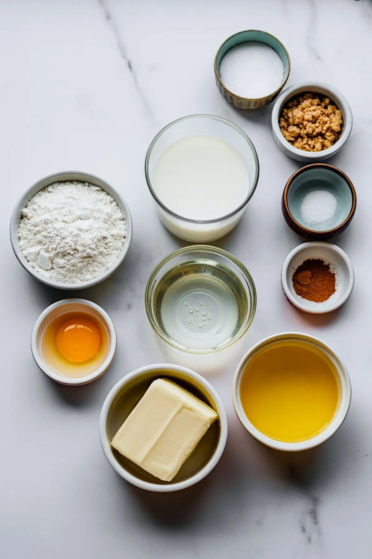Flat lay of cinnamon swirl bread ingredients including flour, egg, milk, butter, sugar, brown sugar, cinnamon, oil, salt, and yeast, arranged in small bowls on white marble.