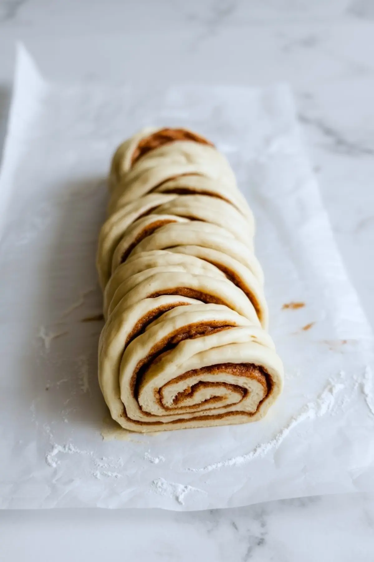 Unbaked cinnamon swirl loaf on parchment paper, showing rolled and sliced dough with visible cinnamon layers before baking.