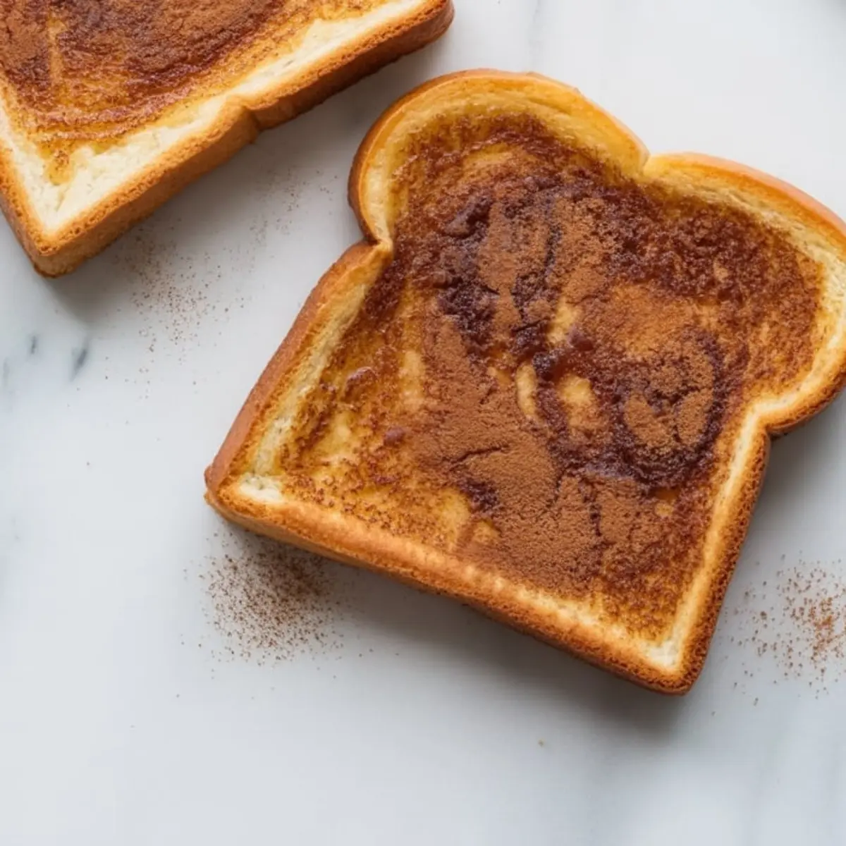 Two slices of golden toasted bread topped with melted butter and a thick layer of cinnamon sugar, resting on a white marble surface with a dusting of cinnamon around the edges.

