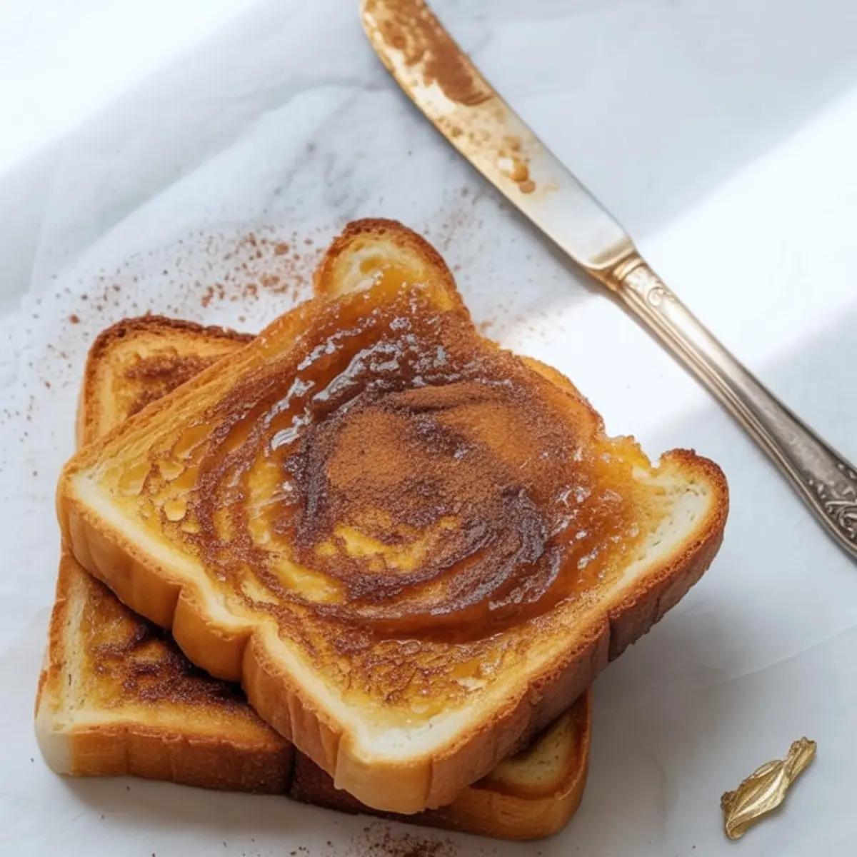 Stack of buttery cinnamon toast slices with melted cinnamon sugar swirled on top, placed beside a vintage butter knife dusted with cinnamon powder on a bright marble surface.
