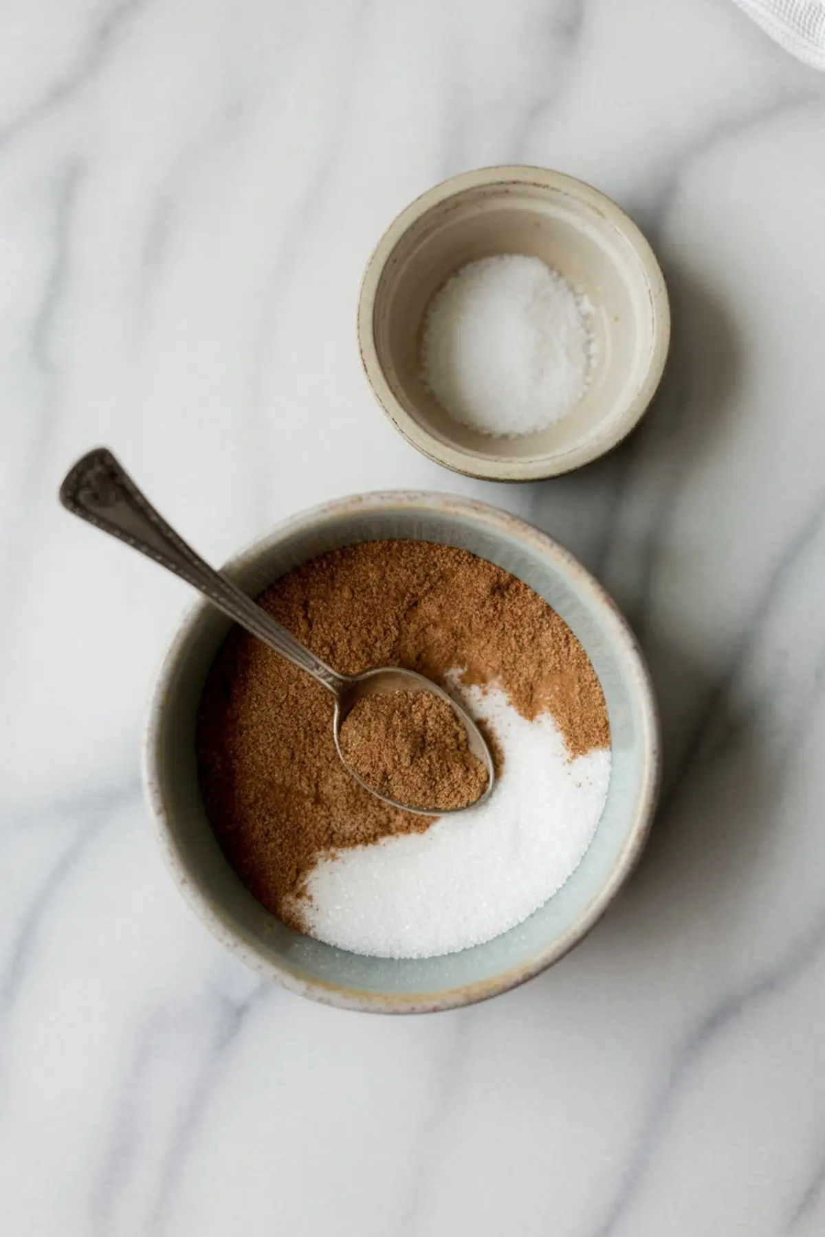 Close-up of two ceramic bowls, one with a mix of granulated sugar and cinnamon being scooped with a spoon, and the other with a small amount of white sugar, placed on a marble countertop.
