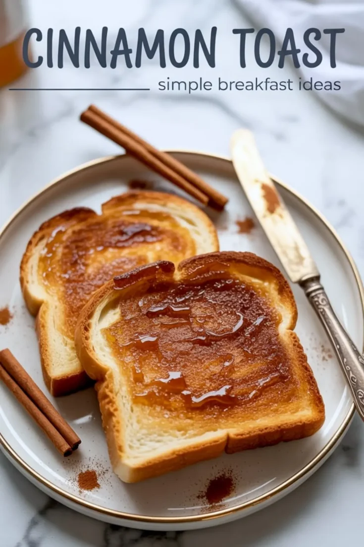 Two slices of cinnamon toast drizzled with honey on a round plate, surrounded by cinnamon sticks and sprinkled cinnamon powder, styled with a vintage butter knife on a marble surface.