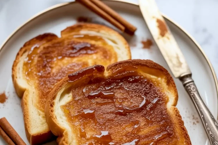 Two slices of cinnamon toast drizzled with honey on a round plate, surrounded by cinnamon sticks and sprinkled cinnamon powder, styled with a vintage butter knife on a marble surface.
