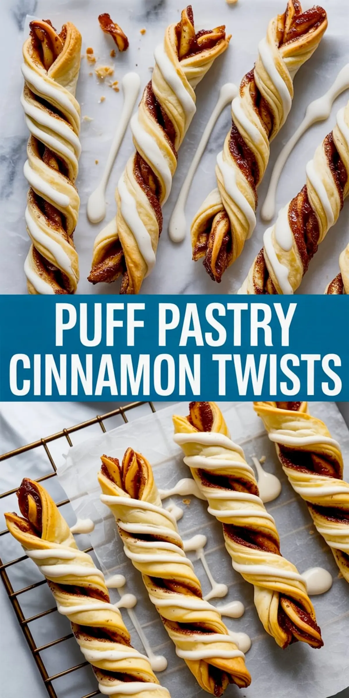 Puff pastry cinnamon twists with a crisp exterior and spiral cinnamon-sugar filling, topped with smooth icing and displayed on parchment and a cooling rack for a rustic dessert presentation.