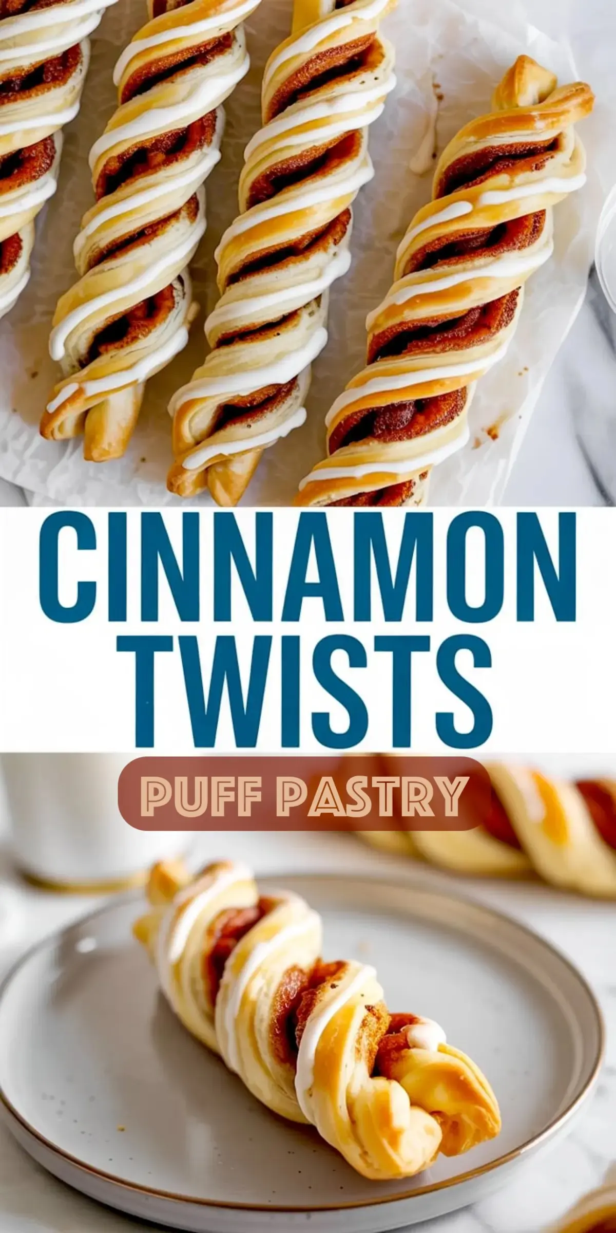 Homemade puff pastry cinnamon twists with golden flaky layers, filled with cinnamon sugar and topped with sweet icing drizzle, displayed on parchment paper and served on a plate as a warm and easy dessert recipe.
