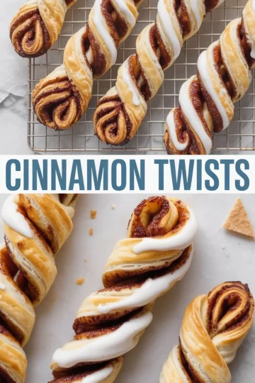 Crispy puff pastry cinnamon twists with caramelized cinnamon-sugar layers, topped with thick icing and displayed on a cooling rack and white background for a cozy baking aesthetic.