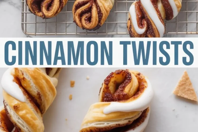 Crispy puff pastry cinnamon twists with caramelized cinnamon-sugar layers, topped with thick icing and displayed on a cooling rack and white background for a cozy baking aesthetic.
