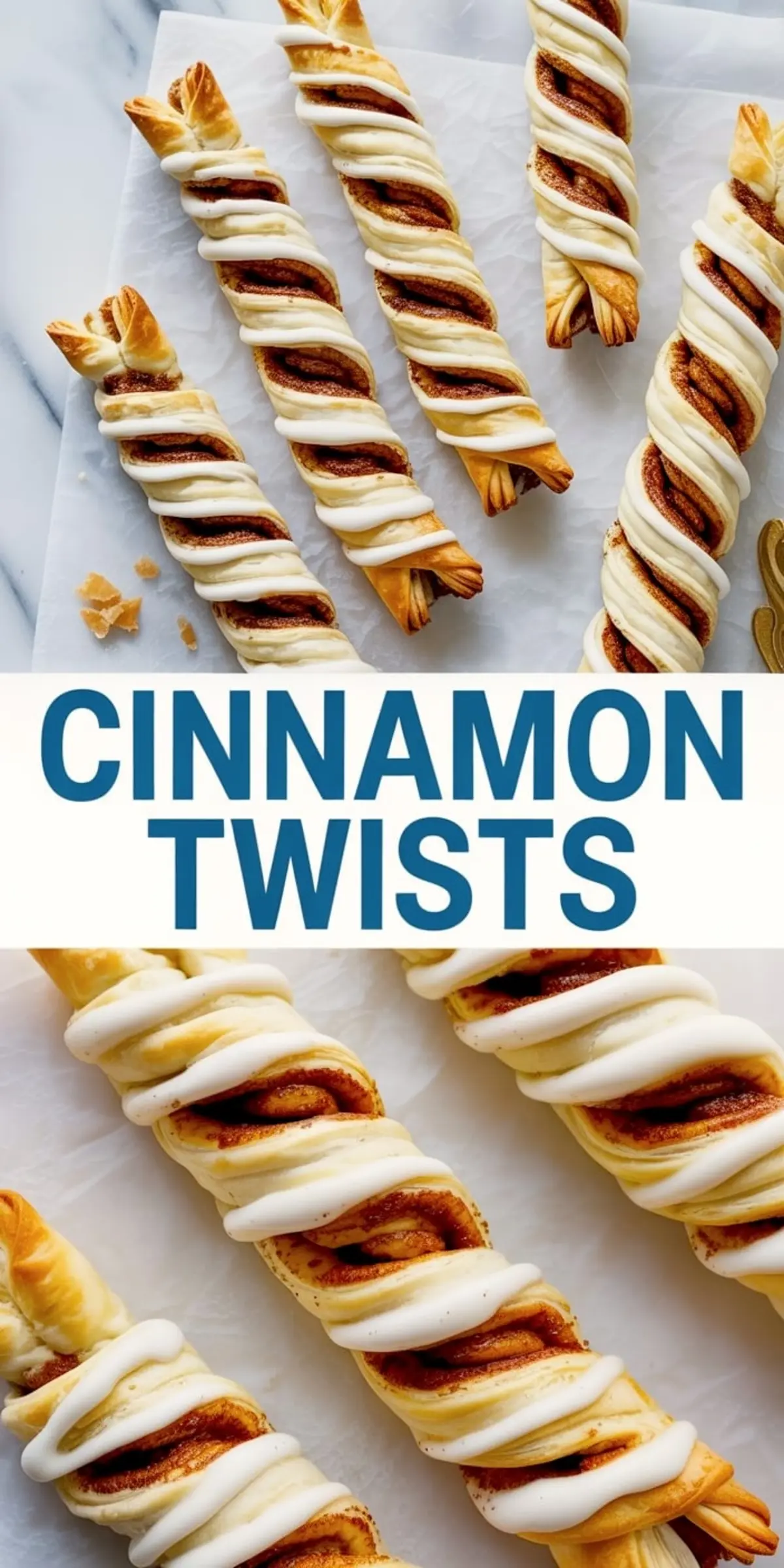 Buttery puff pastry cinnamon twists baked to golden brown, filled with cinnamon sugar and finished with sweet vanilla glaze, arranged on parchment for a delicious homemade treat visual.